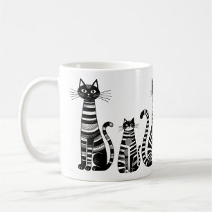Caneca De Café Gatos Listrados Preto e Branco Arte Folclórica