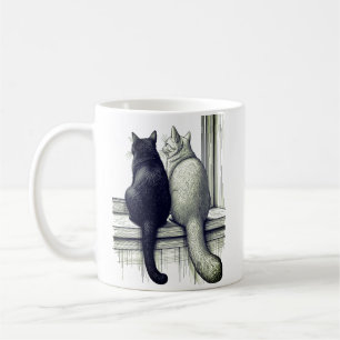 Caneca De Café Gatos Pretos e Brancos na Janela