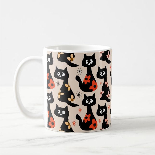 Caneca De Café Gatos Pretos Florais Retro (bege Suave) (Esquerda)