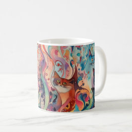 Caneca De Café Gatos psicodélicos, abstrato flores. Gráfico engra