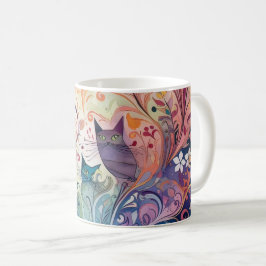 Caneca De Café Gatos psicodélicos flores energias coloridas