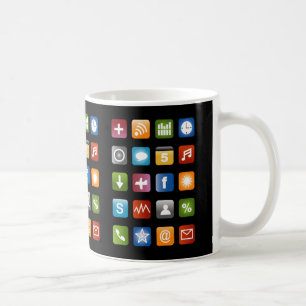 Caneca de café geek com ícones de aplicativos de m