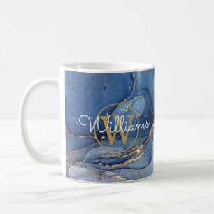 Caneca De Café Geodo de Ágata Azul Monograma Dourado Nome em Rasc