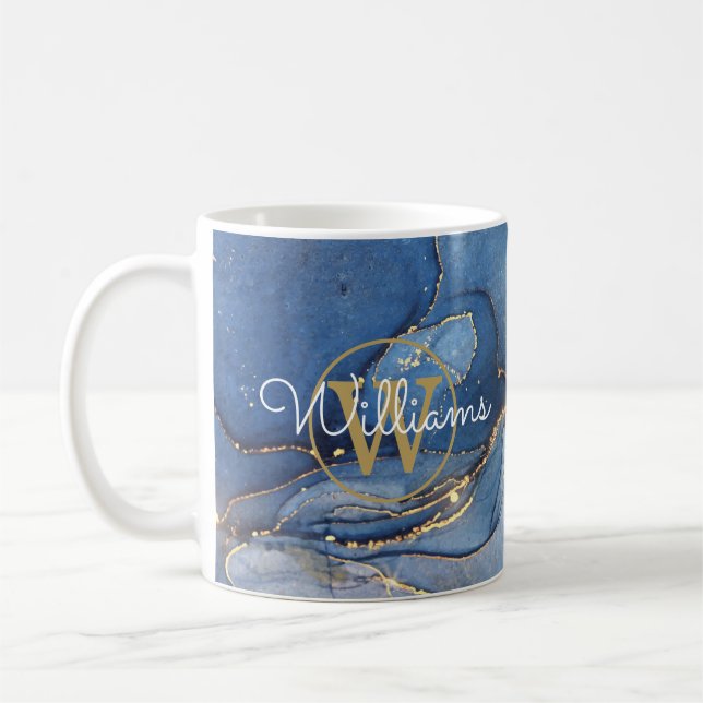 Caneca De Café Geodo de Ágata Azul Monograma Dourado Nome em Rasc (Esquerda)