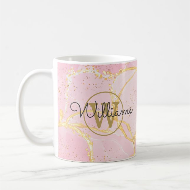 Caneca De Café Geodo de Ágata Rosa Monograma Dourado Nome em Rasc (Esquerda)