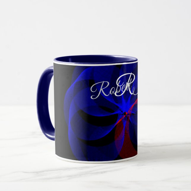 Caneca de Café Geométrica com Acento Azul Rotativo (Frente Esquerda)