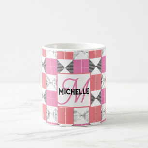 Caneca De Café Geométrico Moderno Rosa e Preto Monogramado