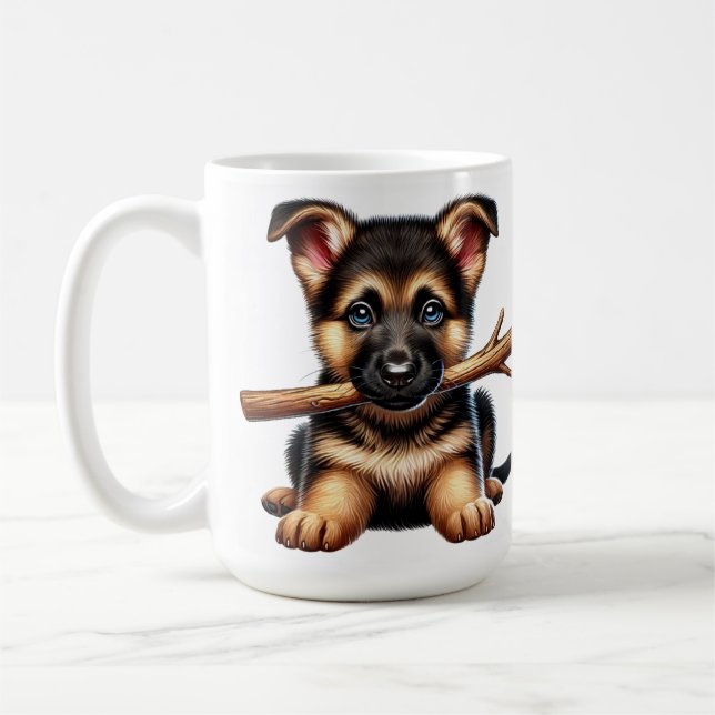 Caneca De Café German shepherd Puppy Segure um pau na boca (Esquerda)