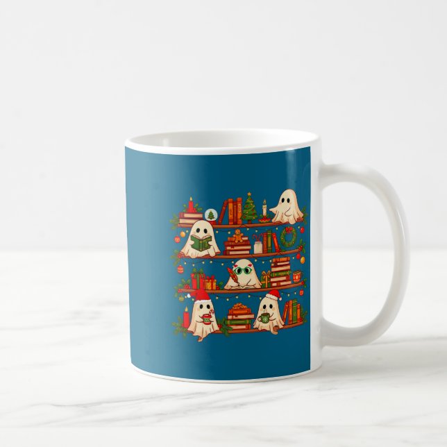Caneca De Café Ghost Christmas Hat Reading Book Bookshelf Lover L (Direita)