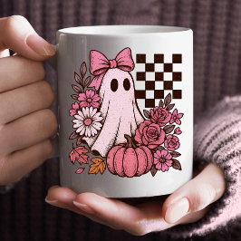 Caneca De Café Ghost Girl retrorada cor-de-rosa com Arco Hallowee