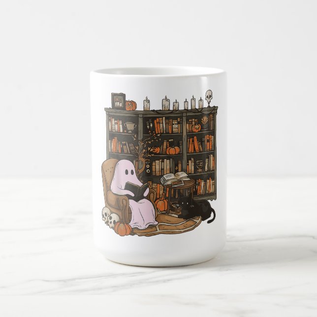 Caneca De Café Ghost Reading Book Cat lover Halloween (Centro)