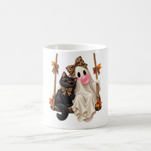 Caneca De Café Ghost Swing Gato Preto Leopardo Laço Halloween