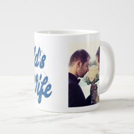 Caneca de café gigante azul com foto da esposa