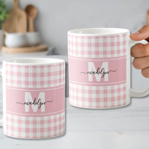 Caneca De Café Ginga Xadrez Monograma Rosa Bege