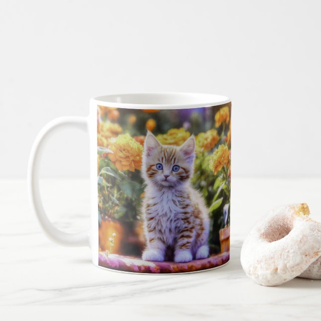 Caneca De Café Ginger Kitten em um Jardim Flor (Com Donut)