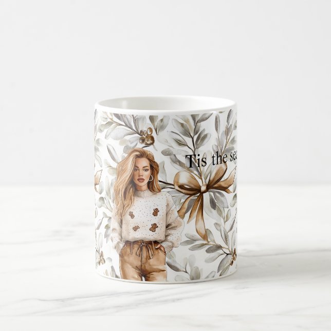 Caneca De Café Gingerbread Brown Blond Girl Christmas Bow (Centro)