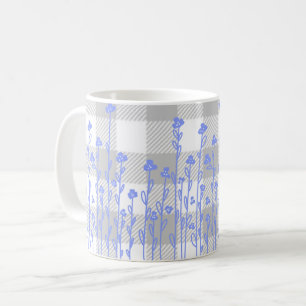 Caneca De Café Gingham azul floral preto Elegante