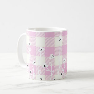 Caneca De Café Gingham de xadrez branco rosa-floral Elegante