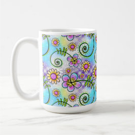Caneca De Café Gingham roxo com flores e videiras puxadas à mão