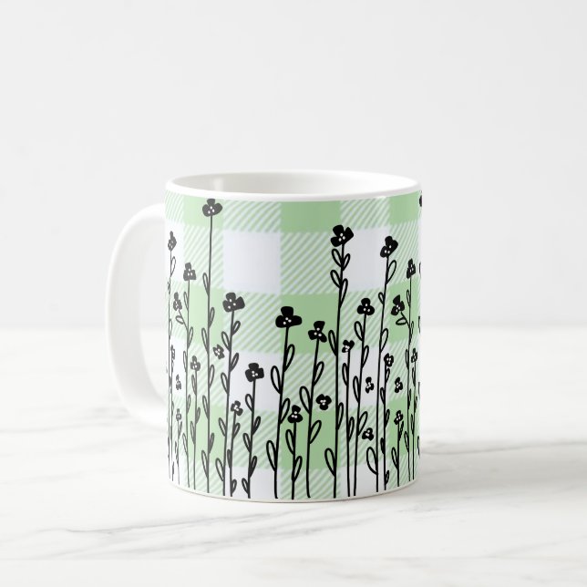 Caneca De Café Gingham verde floral preto Elegante (Frente Esquerda)