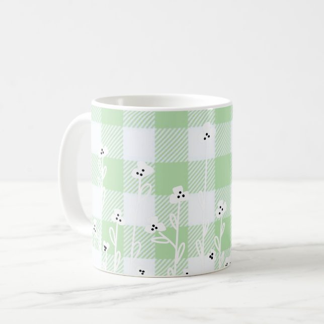Caneca De Café Gingham verde-xadrez Elegante (Frente Esquerda)