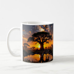 Caneca De Café Girafa água bebendo no Sunset Cósmico Africano