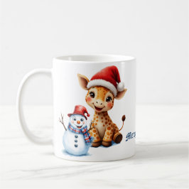 Caneca De Café Girafa de Cartoon Bonita com Santa Hat e Snowman