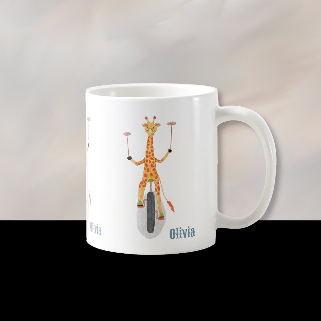 Caneca De Café Giraffe on a Unicycle Kid Mug with Name (Fun cartoon giraffe on a unicycle kid personalized mug . )