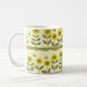 Caneca De Café Girassóis, abelhas, padrão contínuo fofo.