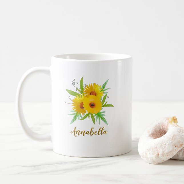 Caneca De Café Girassóis Boho Sun com Presente de Nome  (Com Donut)