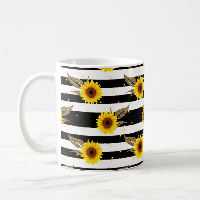 Caneca De Café Girassóis com Linhas Horizontais Pretas e Brancas (Esquerda)