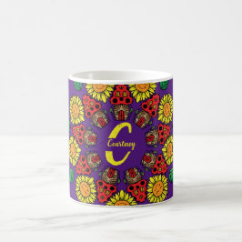 Caneca De Café Girassóis e Cogumelos Personalizados Mandala Roxo