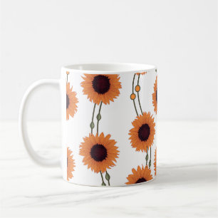 Caneca De Café Girassóis Laranja em Listras Florais Retrô Art Nou
