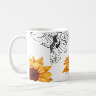 Caneca De Café Girassóis puxados à mão: padrão amarelo vibrante.