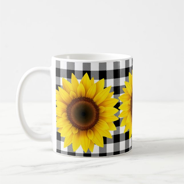 Caneca De Café Girassóis sobre Gingham Branco Negro (Esquerda)