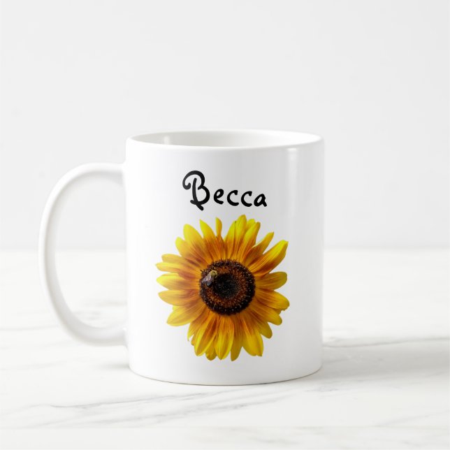 Caneca De Café Girassol Amarelo Cheio com Abelha Personalizada (Esquerda)