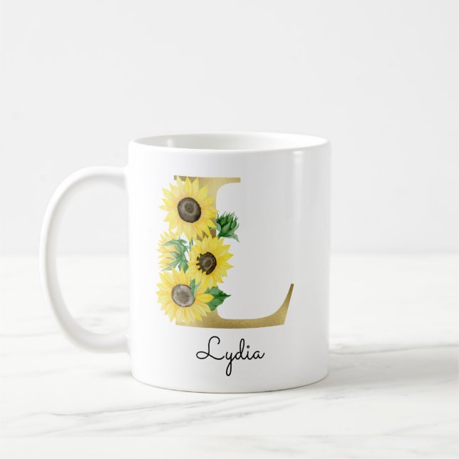 Caneca De Café Girassol dourado com monograma Floral Inicial L (Esquerda)
