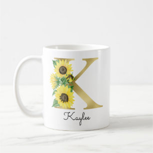 Caneca De Café Girassol Dourado Monograma Inicial Floral Feminino