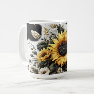 Caneca De Café Girassol e Floral detalhados Elegantes