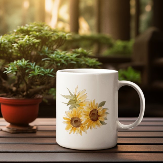 Caneca De Café Girassol em Aquarela (This watercolor sunflower mug is a warm and cheerful addition to any kitchen or desk.)