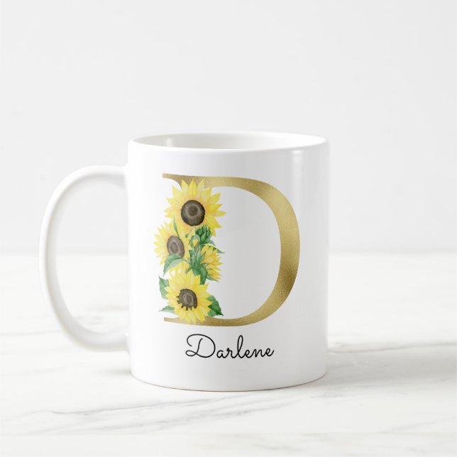 Caneca De Café Girassol Floral Feminino Inicial D em Dourado (Esquerda)