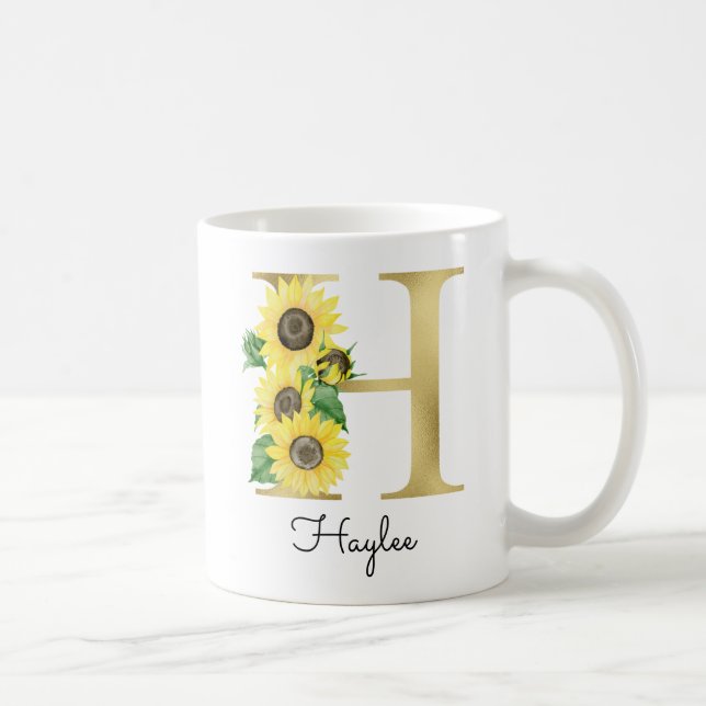 Caneca De Café Girassol Floral Feminino Inicial H Dourado Monogra (Direita)