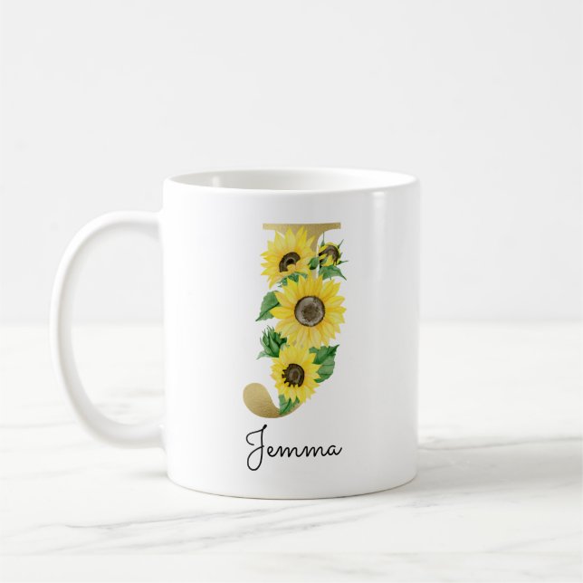 Caneca De Café Girassol Floral Feminino Inicial J Monograma Doura (Esquerda)