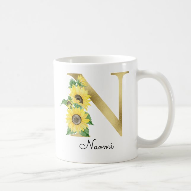 Caneca De Café Girassol Floral Feminino Inicial N Dourado Monogra (Direita)