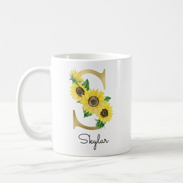 Caneca De Café Girassol Floral Feminino Inicial S Dourado Monogra (Esquerda)