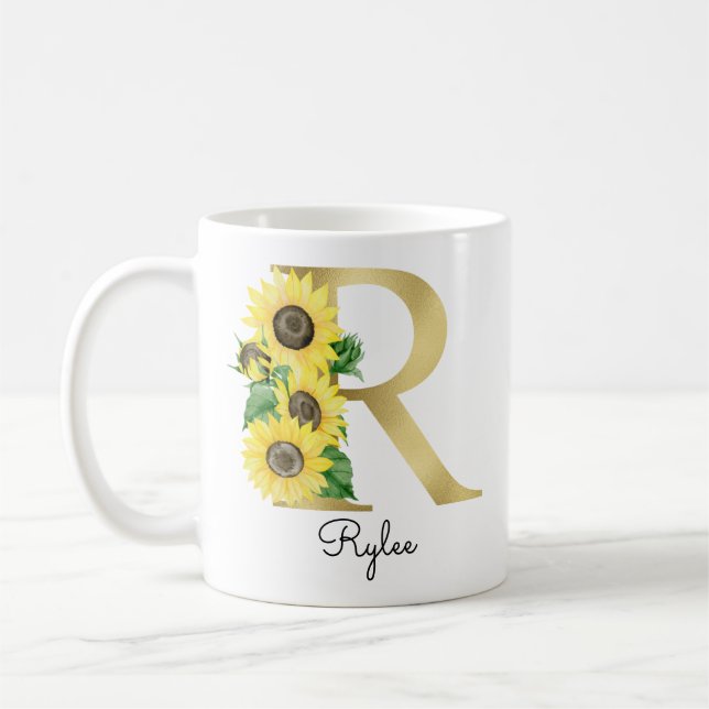 Caneca De Café Girassol Floral Inicial R Dourado Monograma Femini (Esquerda)