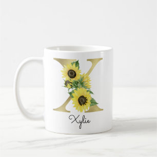 Caneca De Café Girassol Floral Inicial X Dourado Monogramado