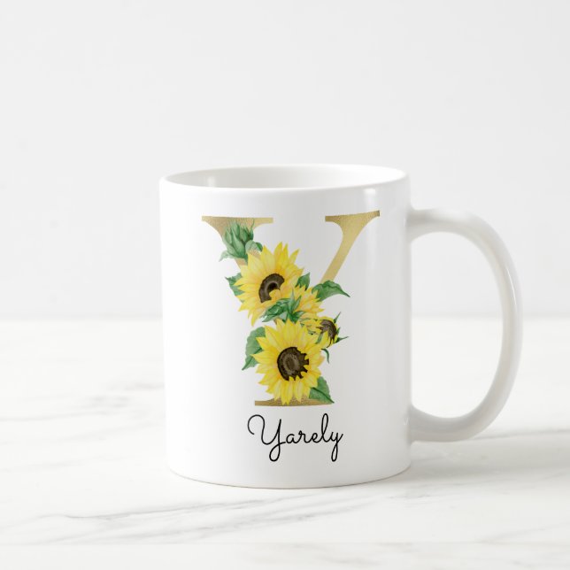 Caneca De Café Girassol Floral Inicial Y Dourado Monogramado (Direita)