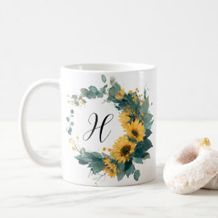 Caneca De Café Girassol Inicial Elegante Aquarela Vintage