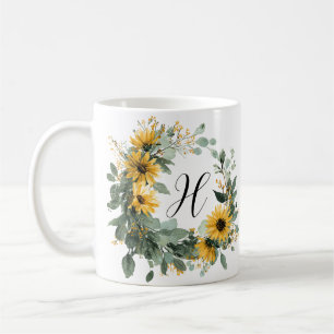 Caneca De Café Girassol Inicial Elegante Aquarela Vintage